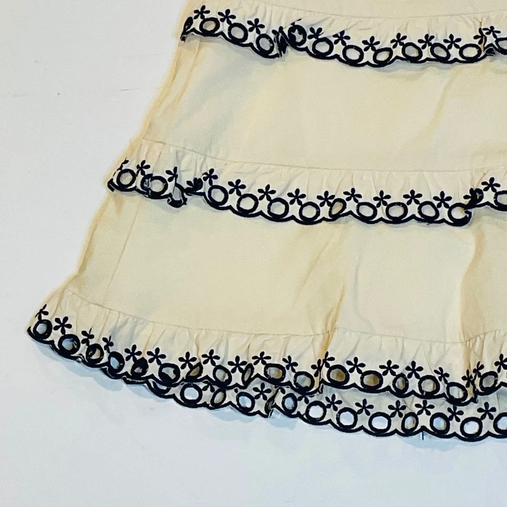 STELLAH women's skirt Cream Navy Blue Eyelet Tiered‎ Mini Ruffle Scalloped Large